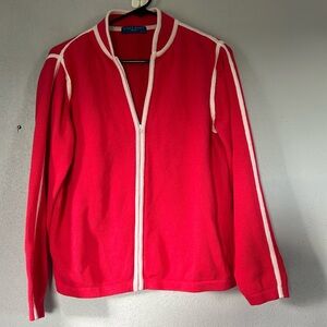 Lauren Scott Sport Zipper Sweater, Petite L, Pink/White, pre-owned